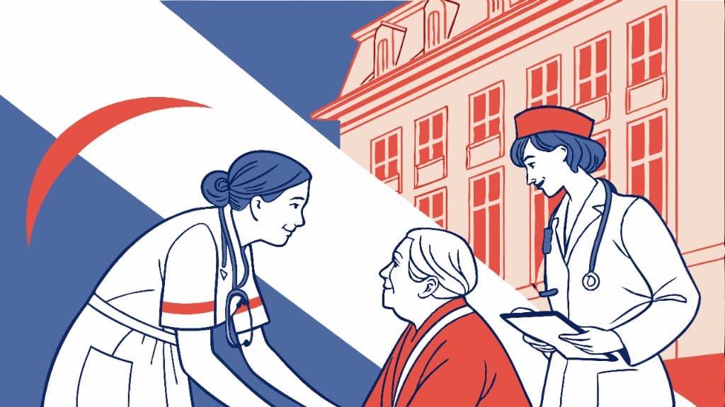 Une infirmière et un médecin accueillent un patient Franchir âgé devant un centre français