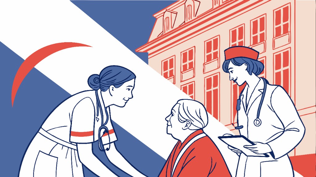 Une infirmière et un médecin accueillent un patient Franchir âgé devant un centre français